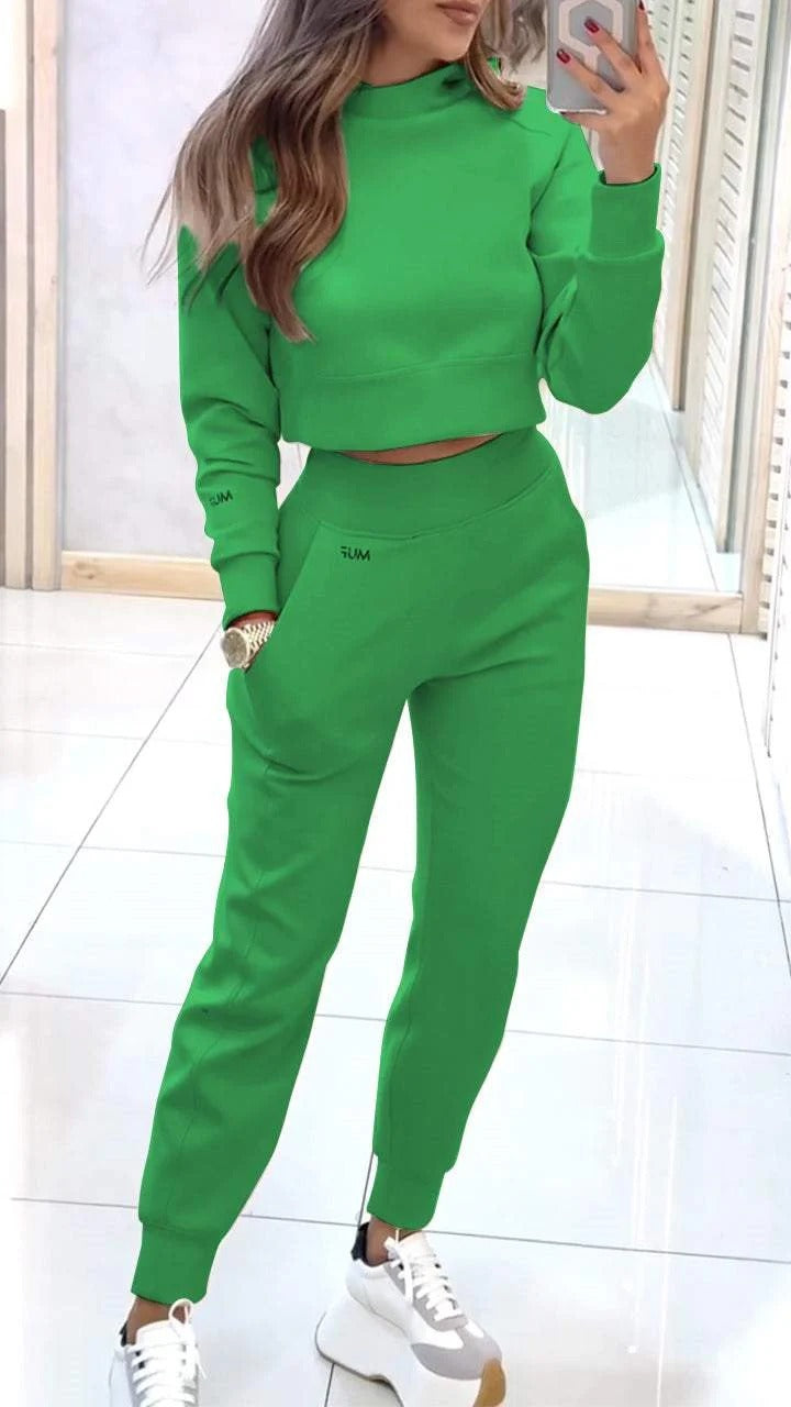 Stand Collar Sports Suit Fashion Pullover Long-sleeves Short Top And Slim Trousers With Pockets Solid Outfits Women&