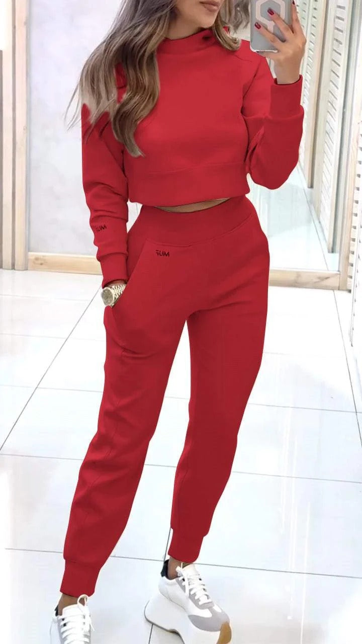 Stand Collar Sports Suit Fashion Pullover Long-sleeves Short Top And Slim Trousers With Pockets Solid Outfits Women&