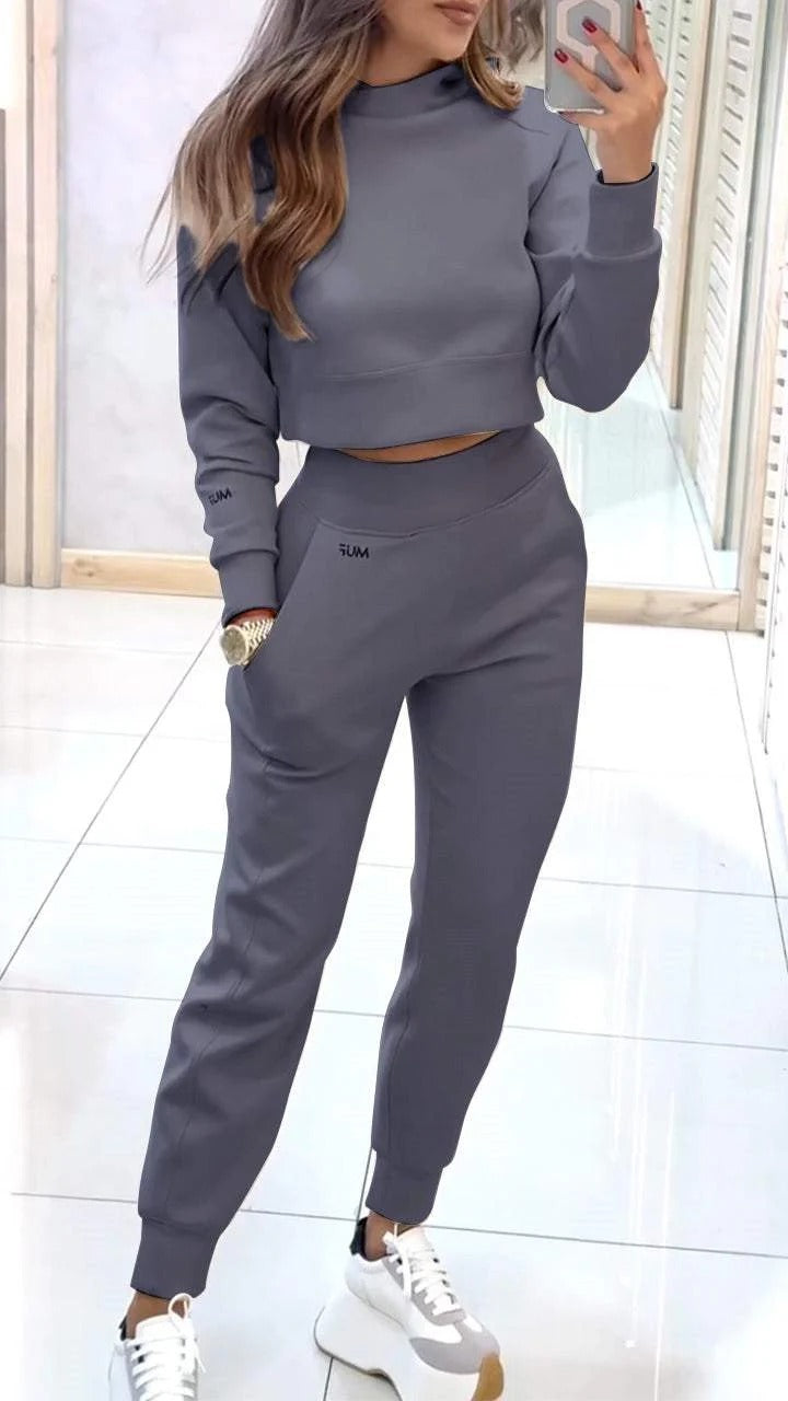 Stand Collar Sports Suit Fashion Pullover Long-sleeves Short Top And Slim Trousers With Pockets Solid Outfits Women&