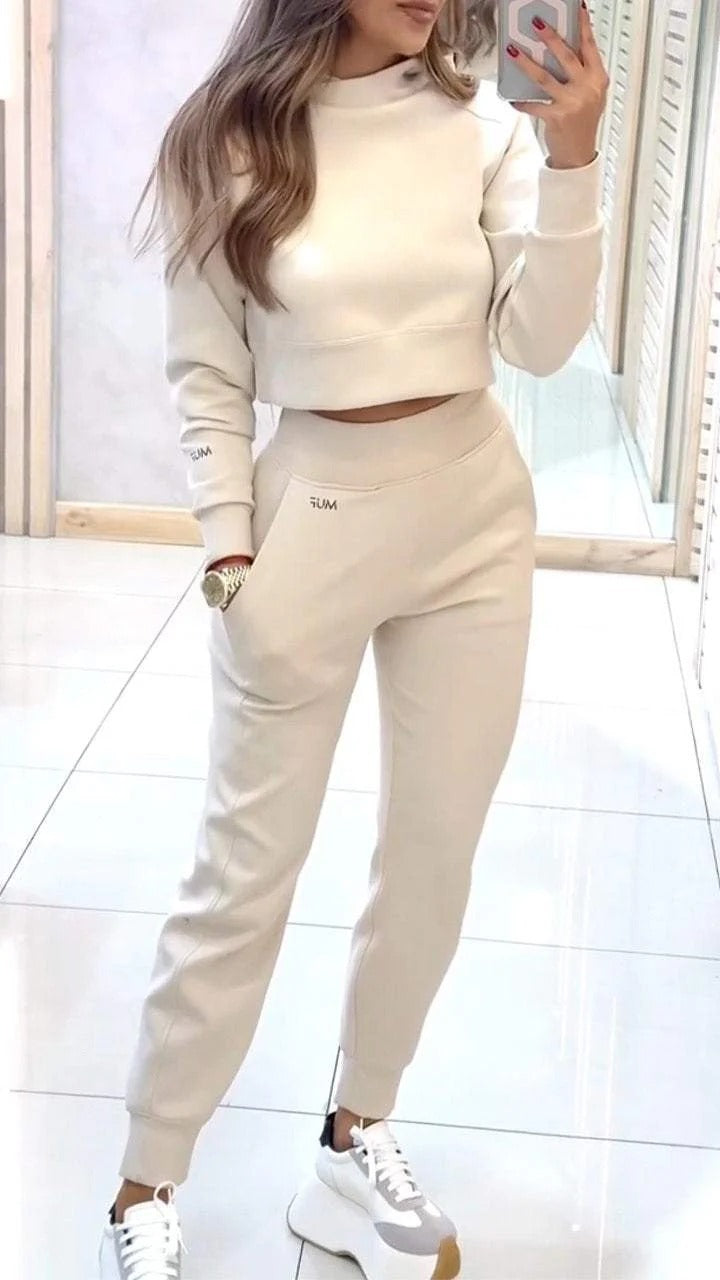 Stand Collar Sports Suit Fashion Pullover Long-sleeves Short Top And Slim Trousers With Pockets Solid Outfits Women&