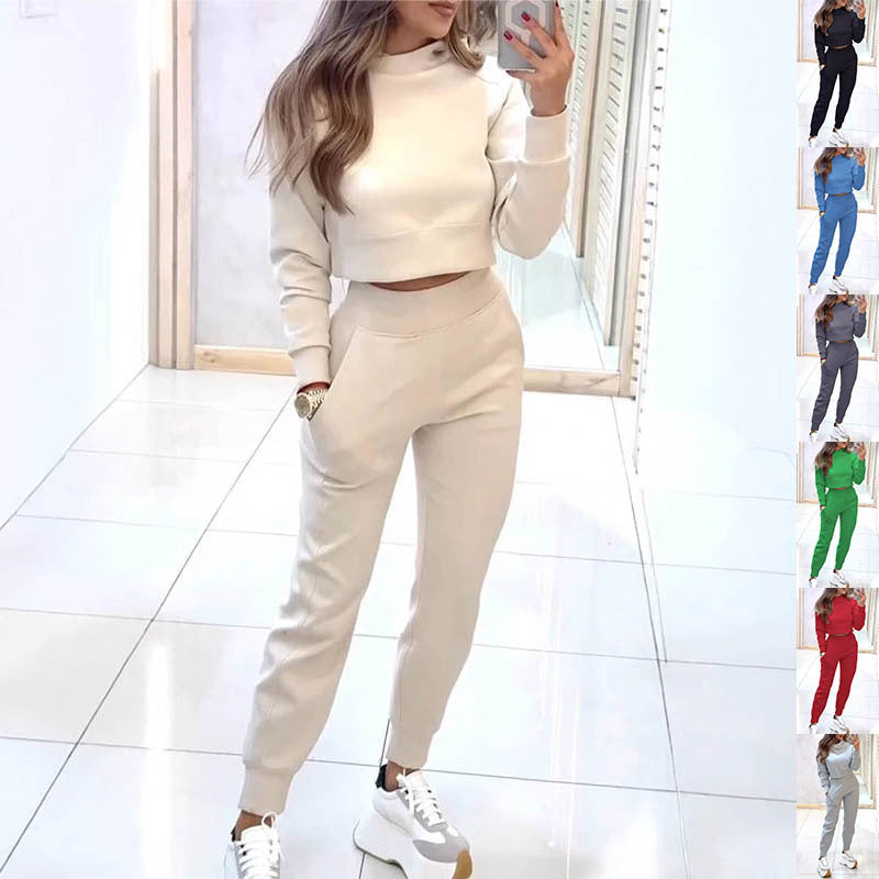 Stand Collar Sports Suit Fashion Pullover Long-sleeves Short Top And Slim Trousers With Pockets Solid Outfits Women&