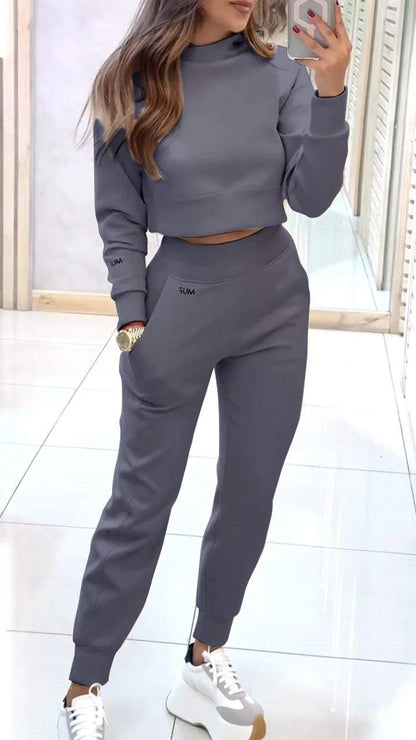 Stand Collar Sports Suit Fashion Pullover Long-sleeves Short Top And Slim Trousers With Pockets Solid Outfits Women&