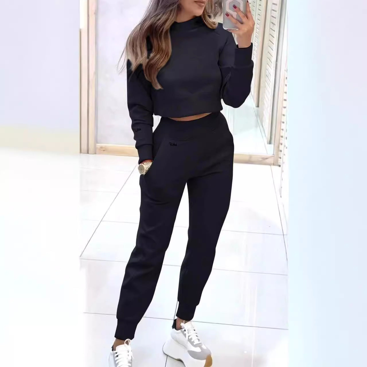 Stand Collar Sports Suit Fashion Pullover Long-sleeves Short Top And Slim Trousers With Pockets Solid Outfits Women&