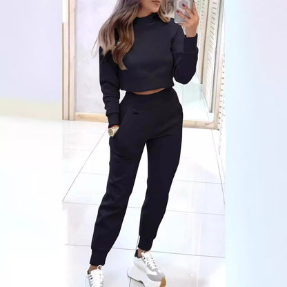 Stand Collar Sports Suit Fashion Pullover Long-sleeves Short Top And Slim Trousers With Pockets Solid Outfits Women&
