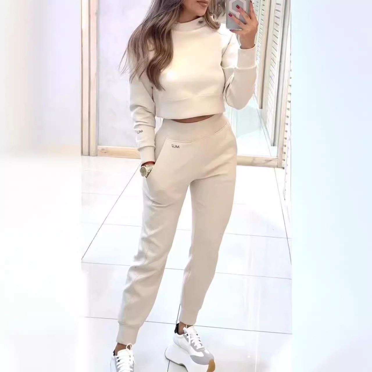 Stand Collar Sports Suit Fashion Pullover Long-sleeves Short Top And Slim Trousers With Pockets Solid Outfits Women&