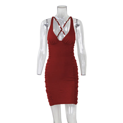 Sexy Deep V-neck Backless Suspender Dress INS Fashion Slim Hip Backless Short Dresses Summer Women&