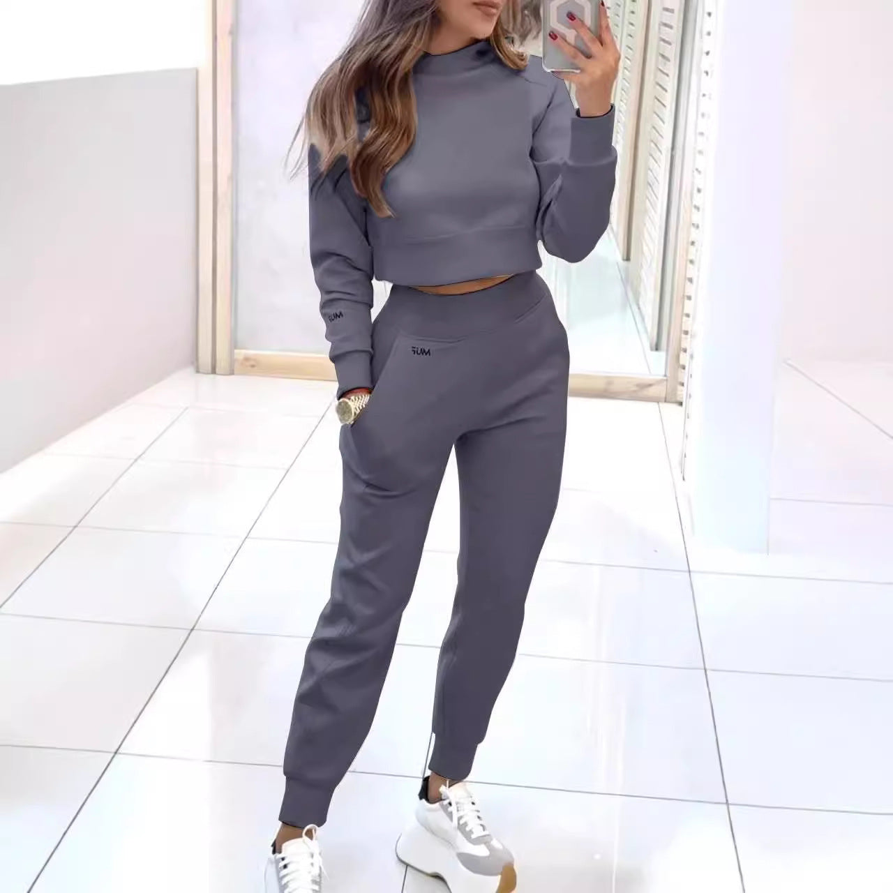 Stand Collar Sports Suit Fashion Pullover Long-sleeves Short Top And Slim Trousers With Pockets Solid Outfits Women&